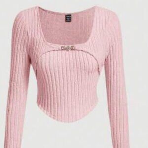 SHEIN MOD Ribbed Light Crop Top Rhinestone Overlay - PINK - medium
